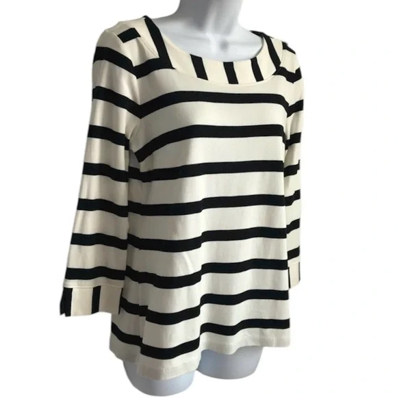 🔴 4/$15 Talbots Women’s S Black & Ivory Stripe Cotton 3/4 Sleeve Knit Top in EUC - Picture 5 of 14